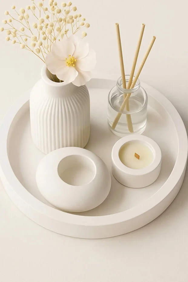 Dekoratif 5li Set Mum Çizgili Vazo Tealight mumluk ve Oda Kokusu Seti